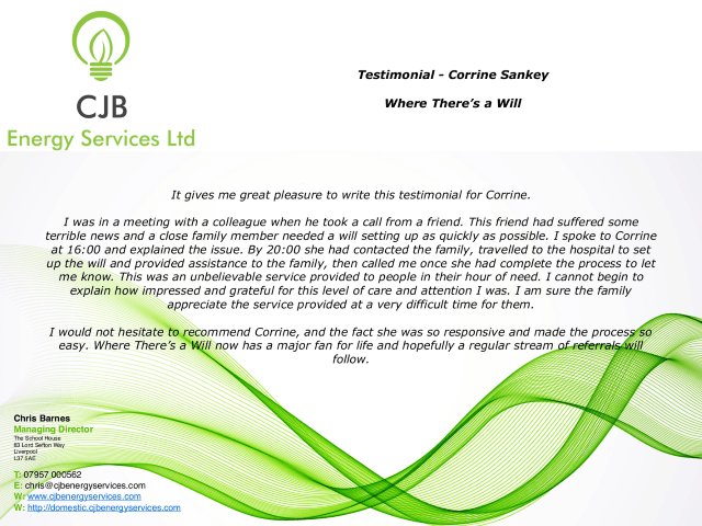 Testimonial from CJB Energy for Where There's A Will Southport : Written on Letterhead.