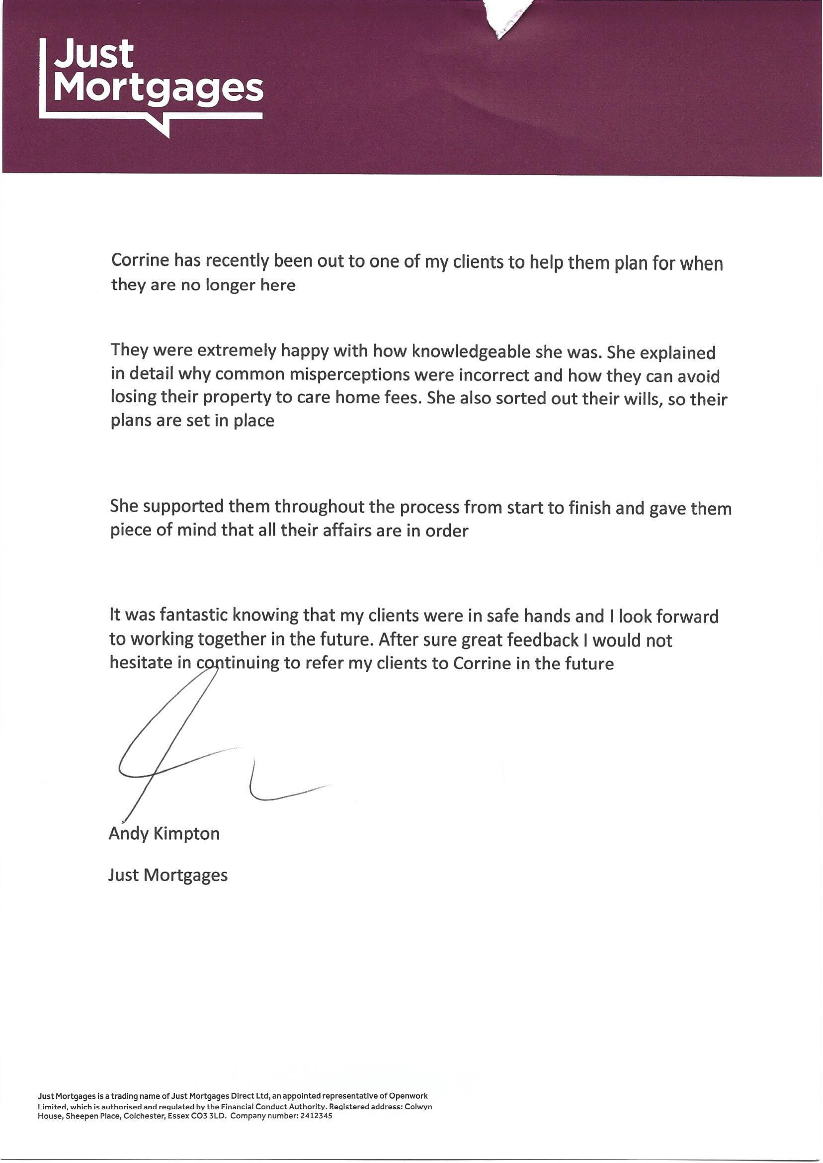 Testimonial on printed letterhead from Andy Kimpton, Just Mortgages, Liverpool to Where There's A Will, Southport, Merseyside.