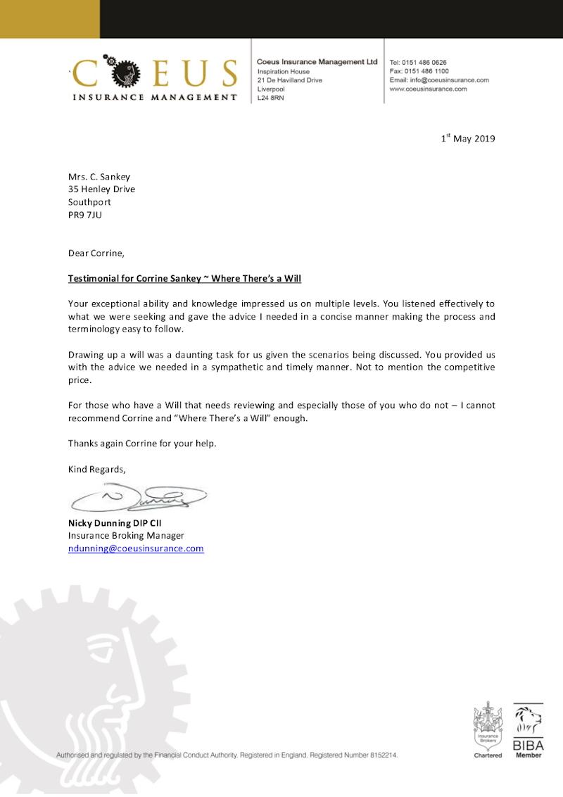 Testimonial on letterhead from Coeus Insurance of Liverpool to Where There's A Will Southport