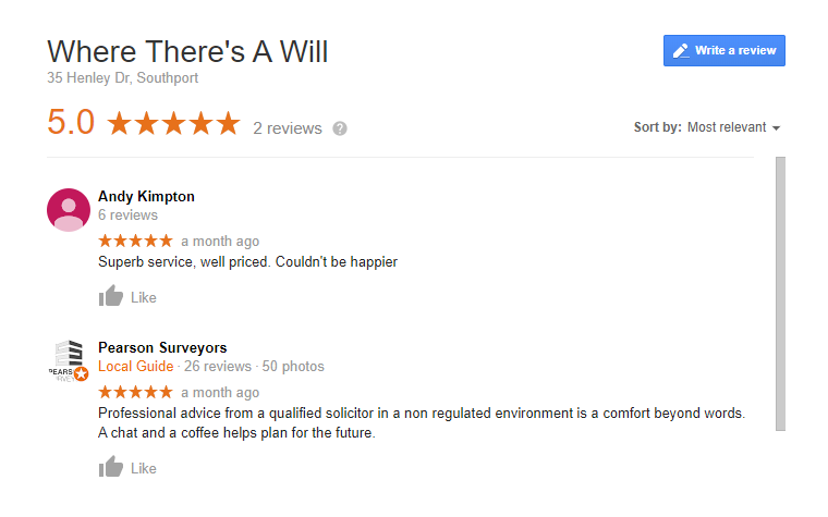 Online Google reviews panel for Where There's A Will Southport