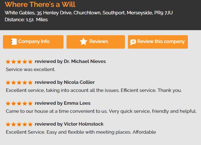 Online reviews panel for Where There's A Will Southport